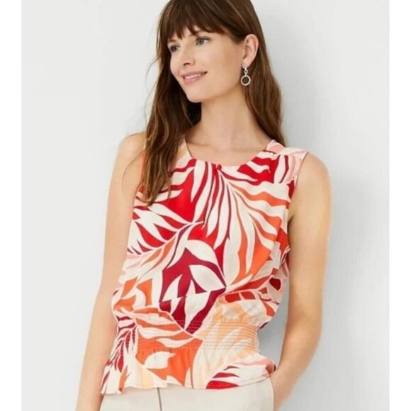 Ann Taylor Tops - Women's - Ann Taylor Tropical Split Neck Smocked Waist Top, Size XL
